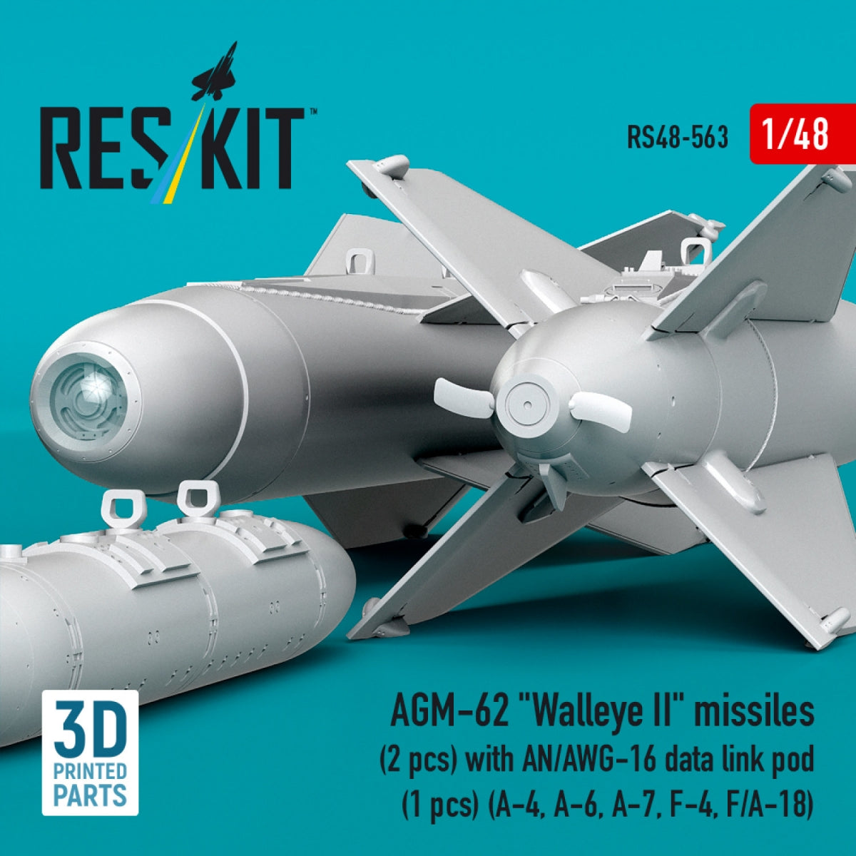 RESKIT RS48-0563 AGM-62 "Walleye II" missiles (2 pcs) with AN/AWG-16 data link pod (1 pcs) (A-4, A-6, A-7, F-4, F/A-18) (3D Printed) 1/48