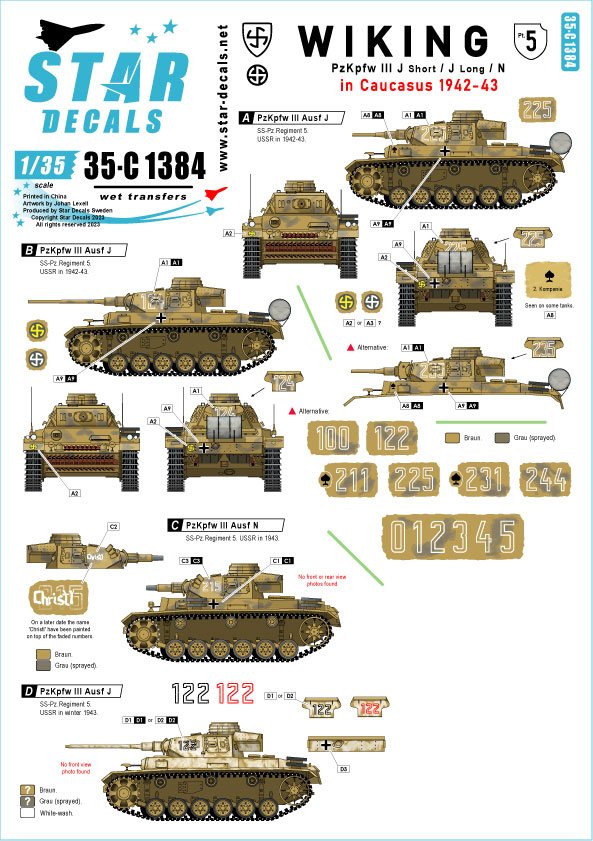 Star Decals 35-C1384 Wiking #5. 5. SS-Wiking in Caucasus 1942-43. Pz III Ausf J short gun, Pz III Ausf J long gun and Pz III Ausf N. 1/35