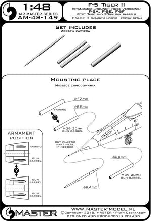 Master AM-48-149 F-5 Tiger II &amp;quot;Freedom Fighter&amp;quot; (round nose version) - F-5A, E, F - detail set - Pitot tube and 20mm gun barrels 1/48 – imagen 3