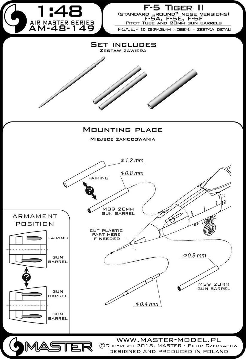 Master AM-48-149 F-5 Tiger II &amp;quot;Freedom Fighter&amp;quot; (round nose version) - F-5A, E, F - detail set - Pitot tube and 20mm gun barrels 1/48 – imagen 3