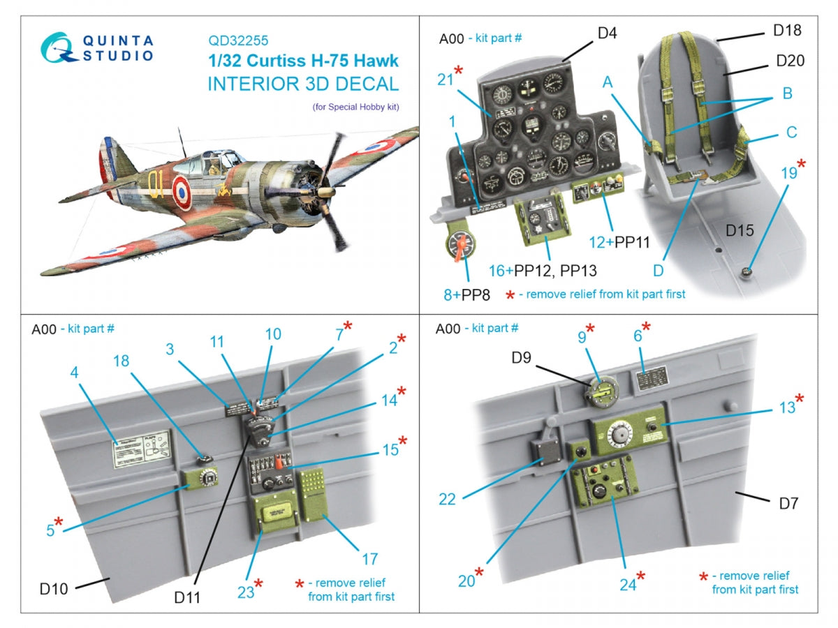 Quinta Studio QD32255 Curtiss H-75 Hawk 3D-Printed &amp;amp; colored Interior on decal paper (Special Hobby) 1/32 – imagen 2