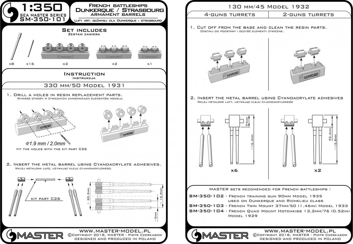 Master SM-350-101 Battleship Dunkerque/Strasbourg armament – ​​330mm barrels (8 pcs.), 130mm barrels (16 pcs.) with resin elements for mounting the barrels (1/350) – obrázek 6