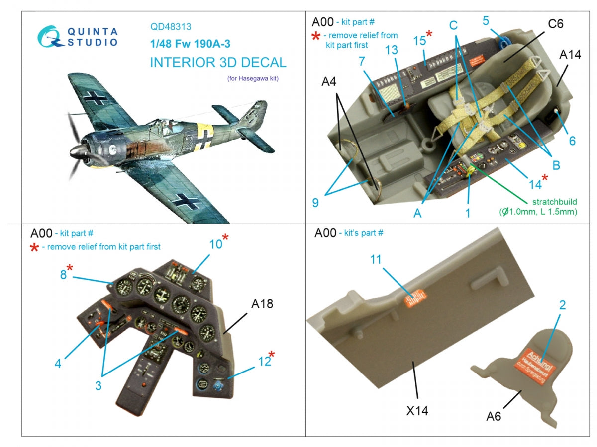 Quinta Studio QD48313 Fw 190A-3 3D-Printed &amp;amp; colored Interior on decal paper (Hasegawa) 1/48 – Bild 2