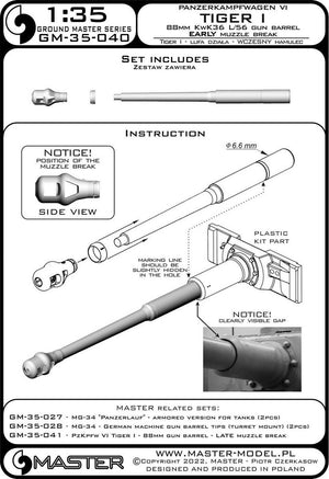 Master GM-35-040 PzKpfw VI Tiger I - 88 mm gun barrel KwK36 L/56 - early version of the muzzle brake 1/35 – imagen 14