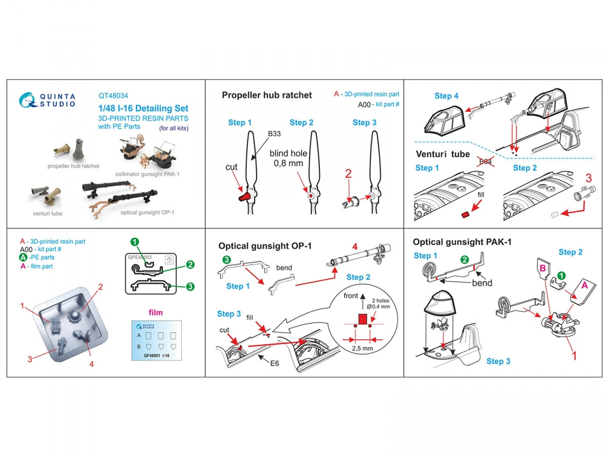 Quinta Studio QT48034 I-16 Detail set: Propeller hub ratchet, Venturi tube, PAK-1 gunsight, OP-1 gunsight (all kits) 1/48 – image 11