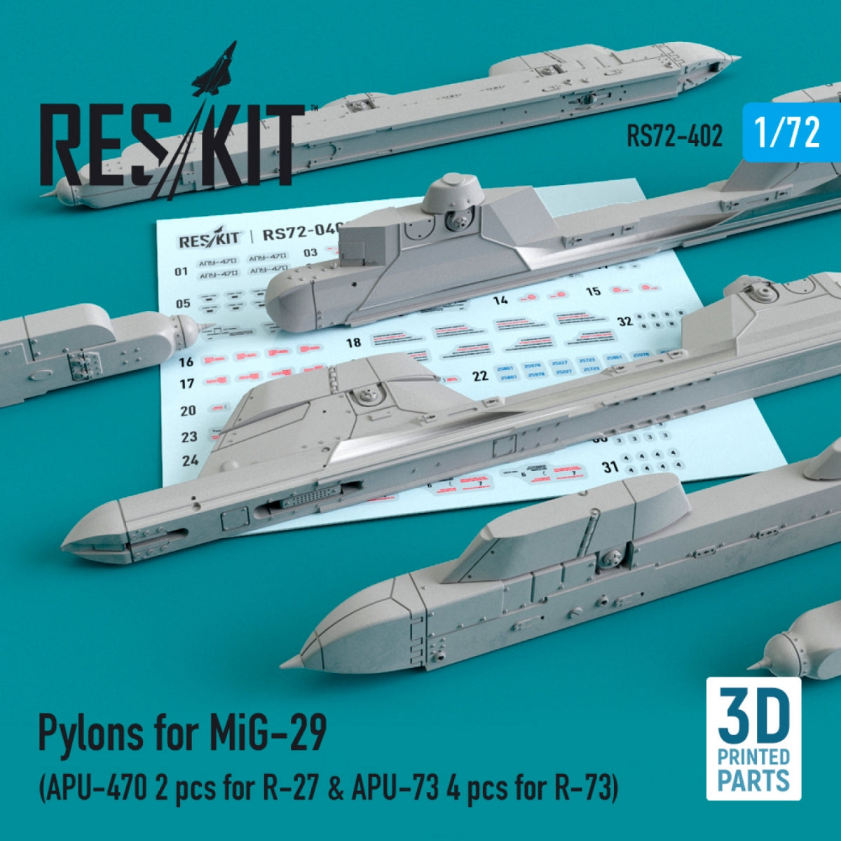 RESKIT RS72-0402 PYLONS FOR MIG-29 (APU-470 2 PCS FOR R-27 &amp;amp; APU-73 4 PCS FOR R-73) 1/72