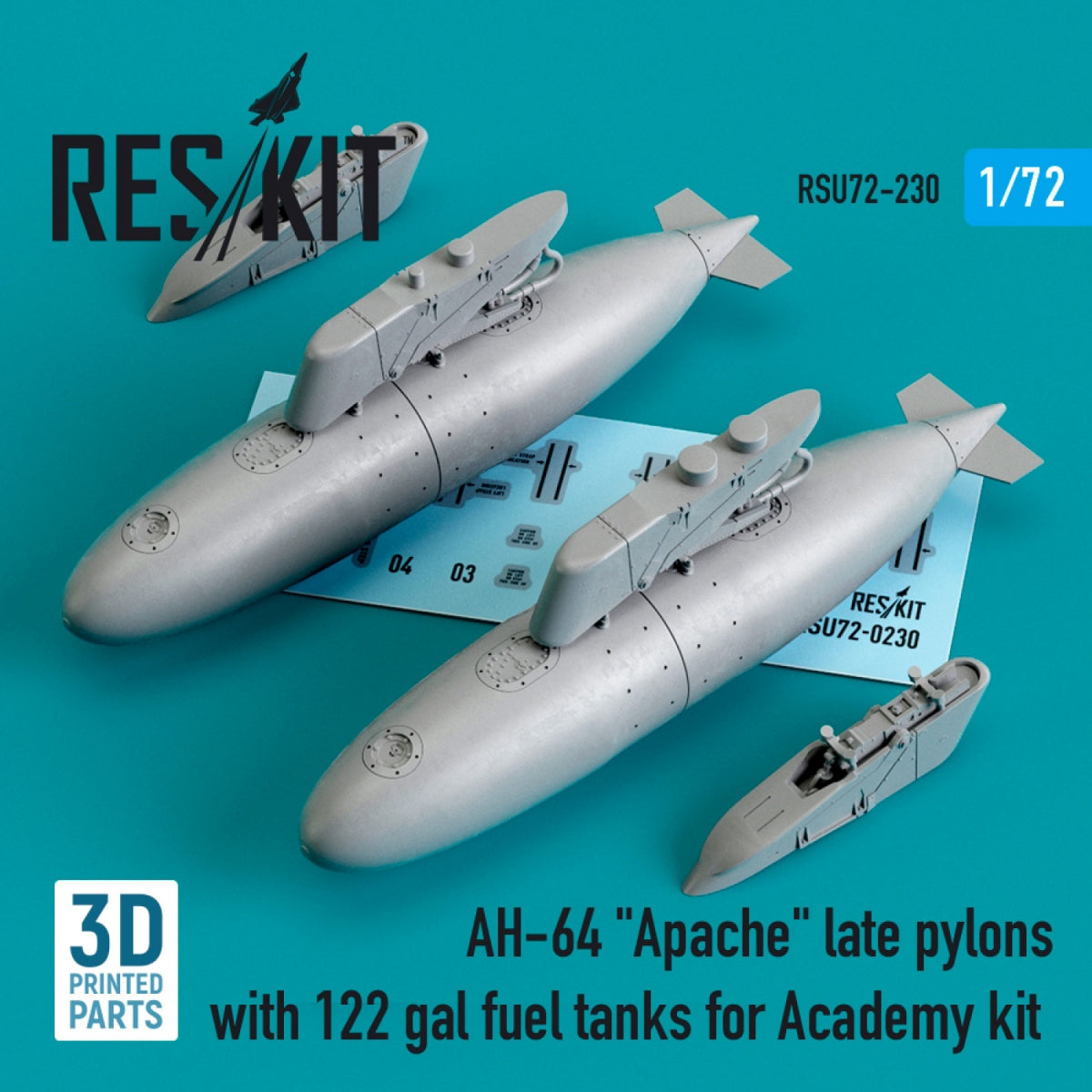 RESKIT RSU72-0230 AH-64 "APACHE" LATE PYLONS WITH 122 GAL FUEL TANKS FOR ACADEMY KIT (3D PRINTED) 1/72