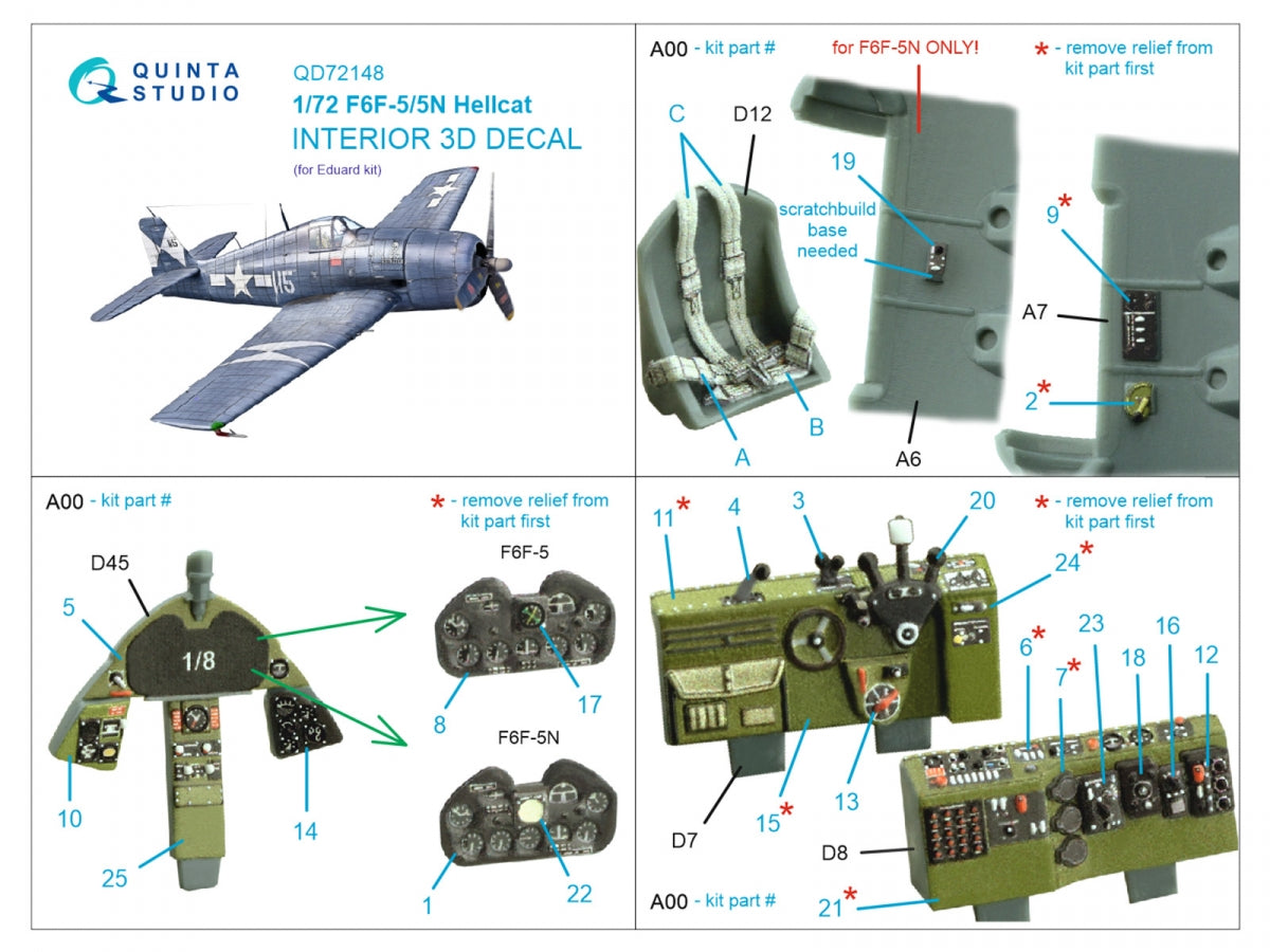 Quinta Studio QD72148 F6F-5 Hellcat 3D-Printed colored Interior on decal paper (Eduard) 1/72 – Bild 2