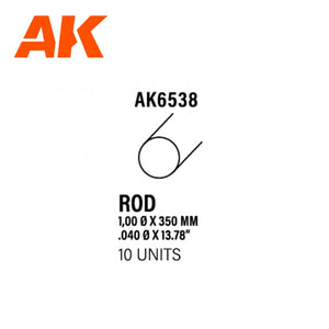 AK Interactive AK6538 TIGE 1,00 DIAMÈTRE X 350MM – TIGE EN STYRÈNE – (10 UNITÉS)