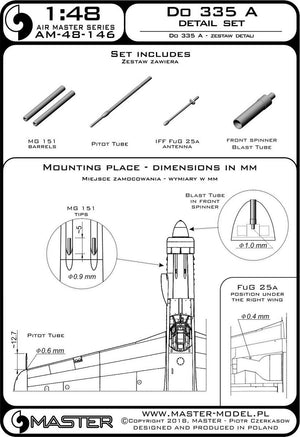 Master AM-48-146 Do 335 A – detail set – MG 151, FuG 25a antenna, pitot tube (1/48) – image 3