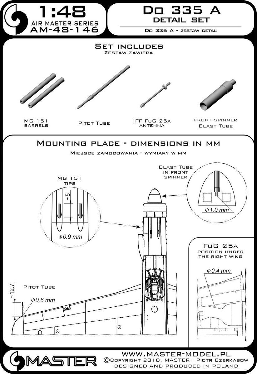 Master AM-48-146 Do 335 A – detail set – MG 151, FuG 25a antenna, pitot tube (1/48) – image 3