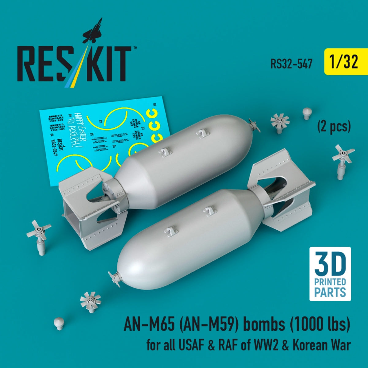 RESKIT RS32-0547 AN-M65 (AN-M59) bombs (1000 lbs) for all USAF & RAF of WW2 & Korean War (2 pcs) (3D Printed) 1/32