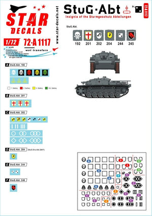 Star Decals 72-A1117 StuG-Abt #2 Generic insignia and unit markings for the Sturmgeschutz units. StuG-Abt 192, 201, 202, 244, 245 1/72