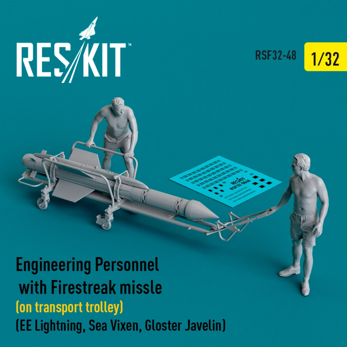 RESKIT RSF32-0048 Engineering Personnel with Firestreak missile (on transport trolley) (EE Lightning, Sea Vixen, Gloster Javelin) (3D Printed) 1/32 – image 2