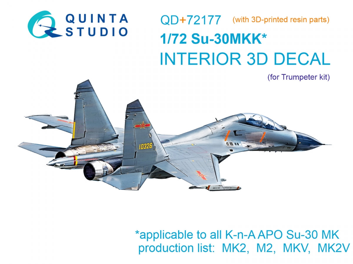 Quinta Studio QD+72177 Su-30MKK 3D-Printed &amp;amp; colored Interior on decal paper (Trumpeter) (with 3D-printed resin part) 1/72