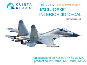 Quinta Studio QD+72177 Su-30MKK 3D-Printed &amp;amp; colored Interior on decal paper (Trumpeter) (with 3D-printed resin part) 1/72