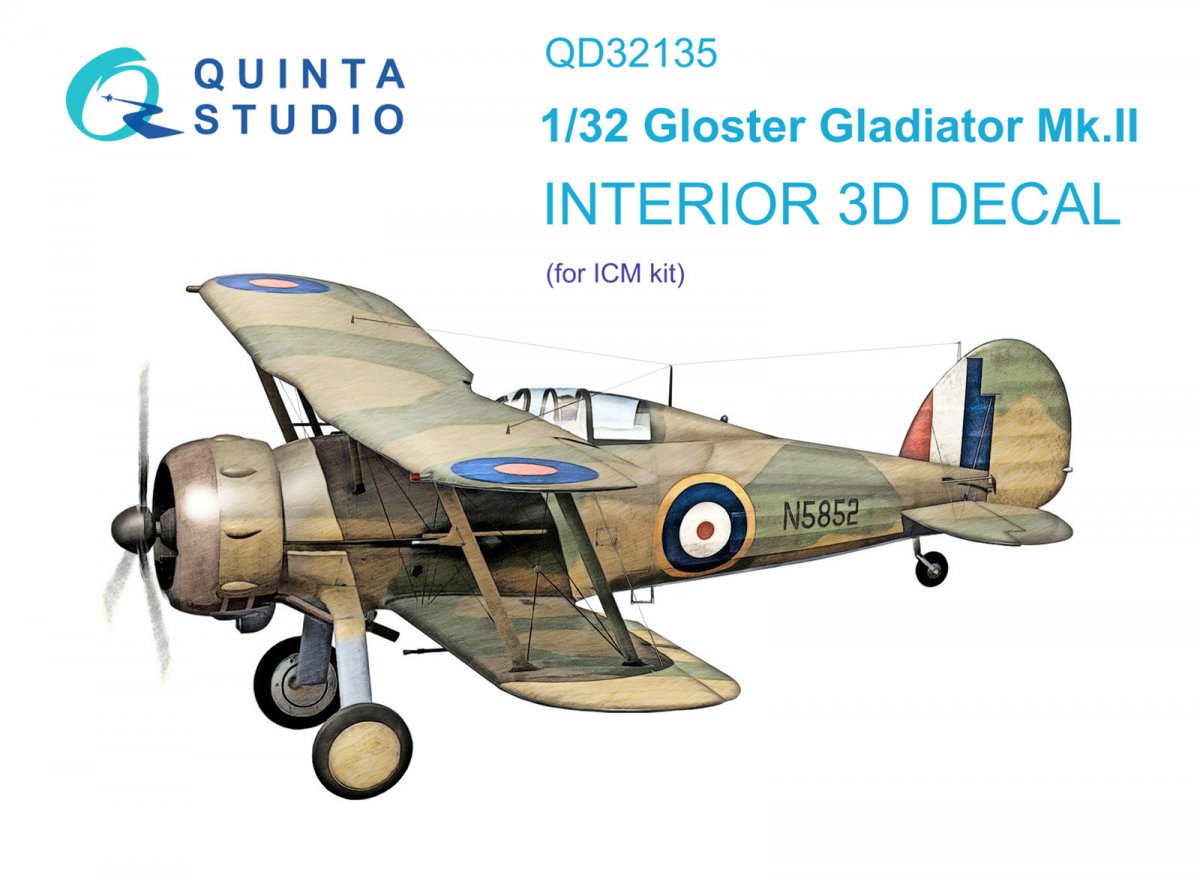 Quinta Studio QD32135 Gloster Gladiator Mk II 3D-Printed &amp; colored Interior on decal paper (ICM) 1/32