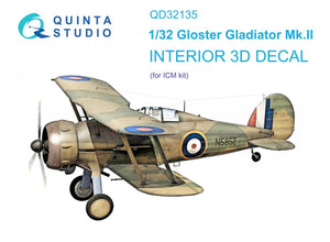 Quinta Studio QD32135 Gloster Gladiator Mk II 3D-Printed &amp;amp; coloured Interior on decal paper (ICM) 1/32