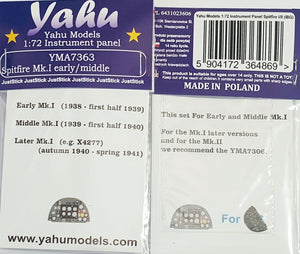 Yahu YMA7363 Supermarine Spitfire Mk.I Early/Middle - Instrumet Panel (for IBG Kits) 1/72