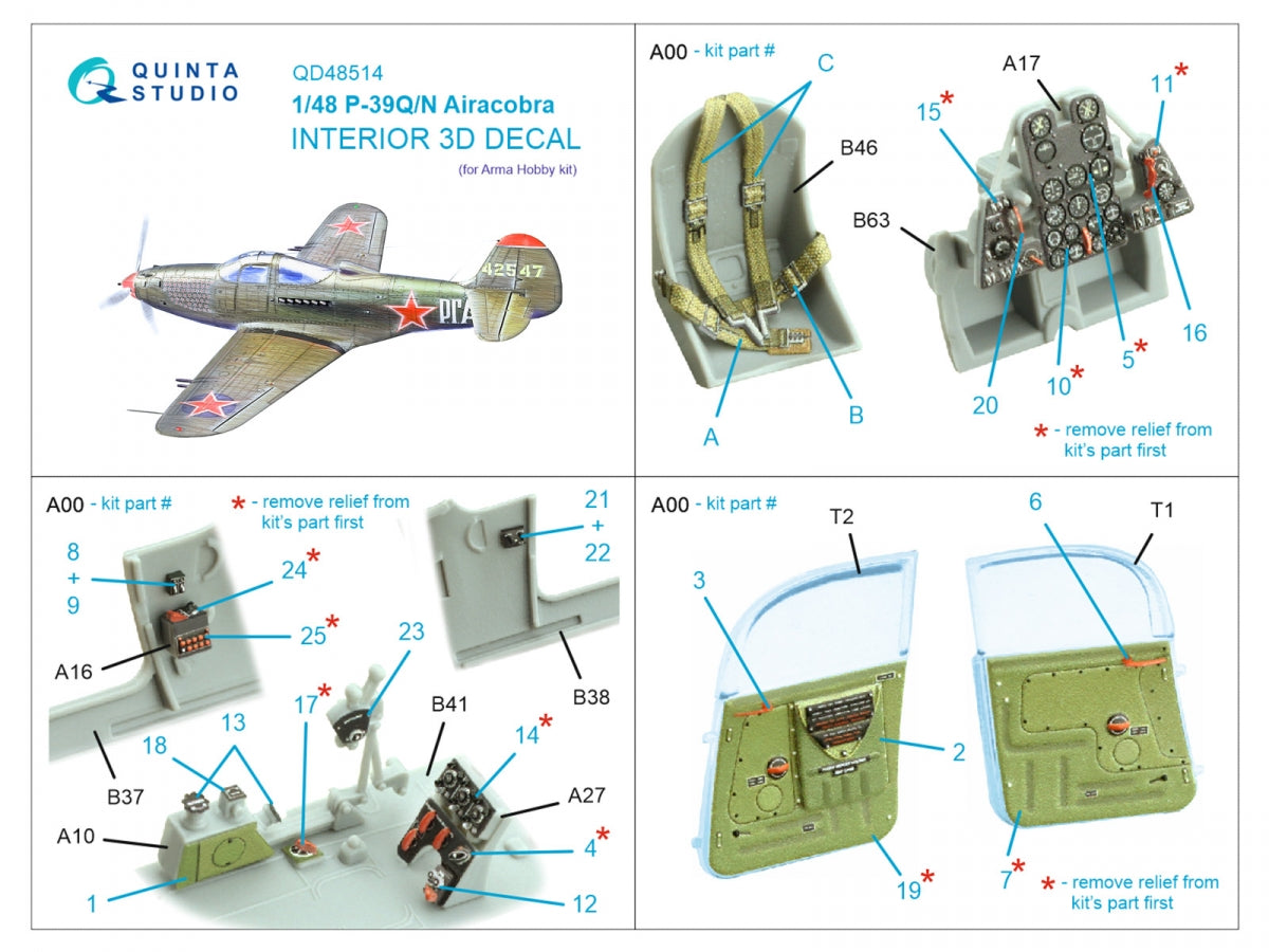 Quinta Studio QD48514 P-39Q/N Airacobra 3D-Printed colored Interior on decal paper (Arma Hobby) 1/48 – Bild 5