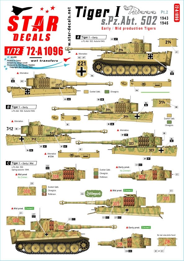 Star Decals 72-A1096 Tiger I. sPzAbt 502 # 2. Early/Mid production Tigers.1943-45. 1/72