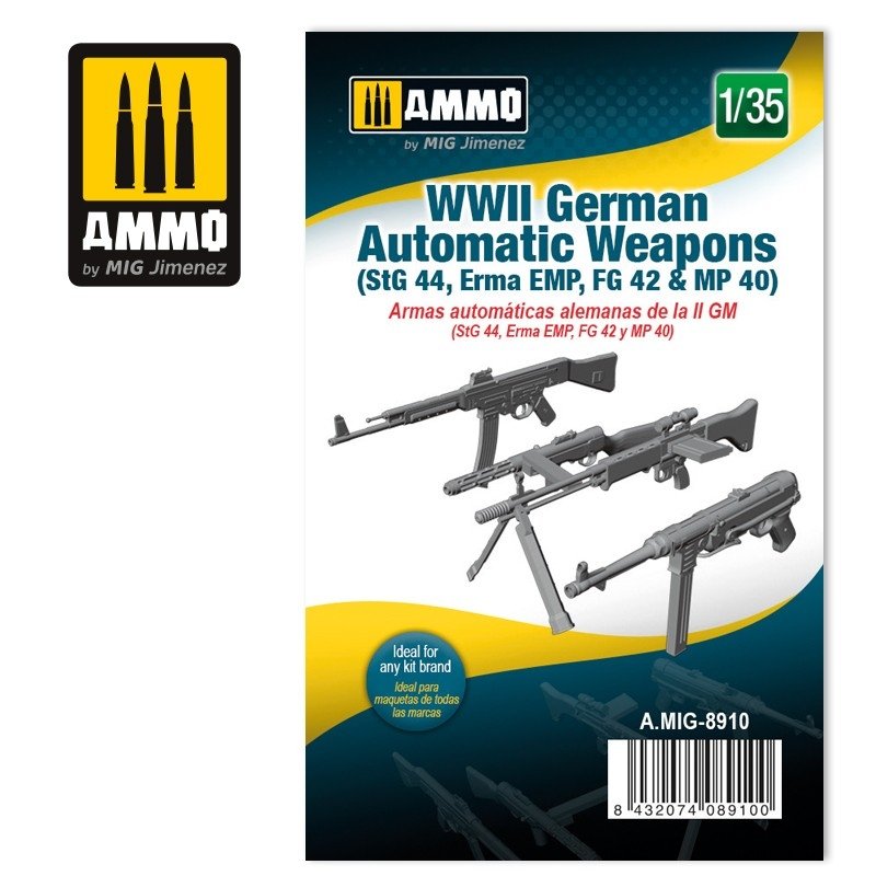Munitions pour MiG 8910, armes automatiques allemandes de la Seconde Guerre mondiale (StG 44, Erma EMP, FG 42 et MP 40), échelle 1/35