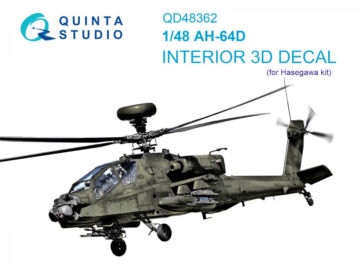 Quinta Studio QD48362 AH-64D 3D-Printed &amp;amp; colored Interior on decal paper (Hasegawa) 1/48