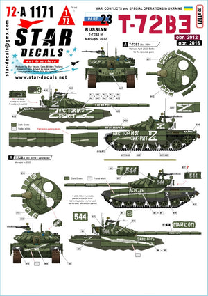 Star Decals 72-A1171 War in Ukraine # 23 Russian T-72B3 in Mariupol 2022. T-72B3 rev. 2012 and rev. 2016. 1/72