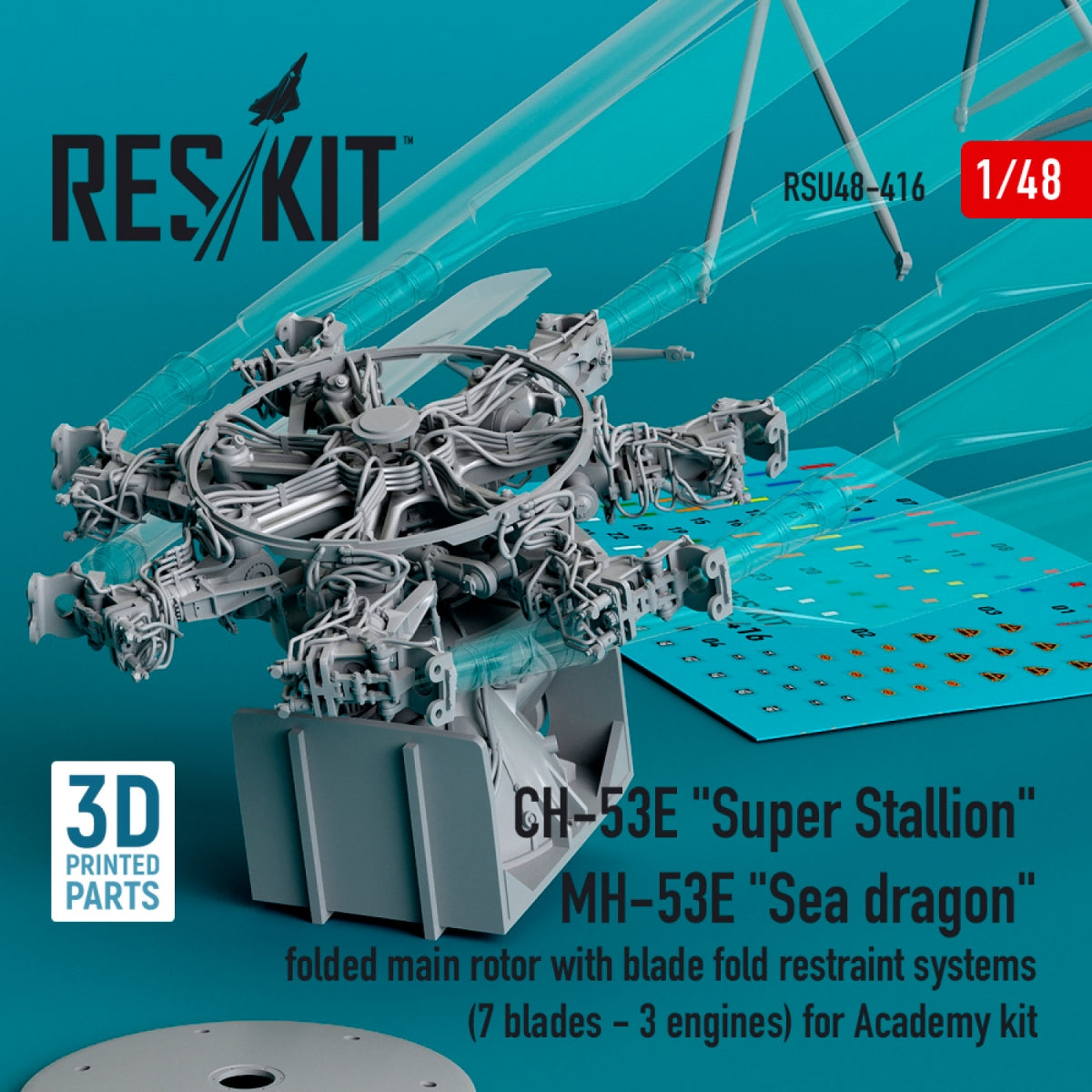 RESKIT RSU48-0416 CH-53E &amp;quot;Super Stallion&amp;quot;, MH-53E &amp;quot;Sea dragon&amp;quot; folded main rotor with blade fold restraint systems (7 blades - 3 engines) for Academy kit (3D printed) 1/48 – imagen 2