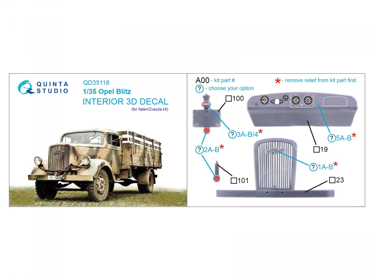 Quinta Studio QD35116 Opel Blitz 3D-Printed &amp;amp; colored Interior on decal paper (Italeri/Zvezda) 1/35 – Bild 2