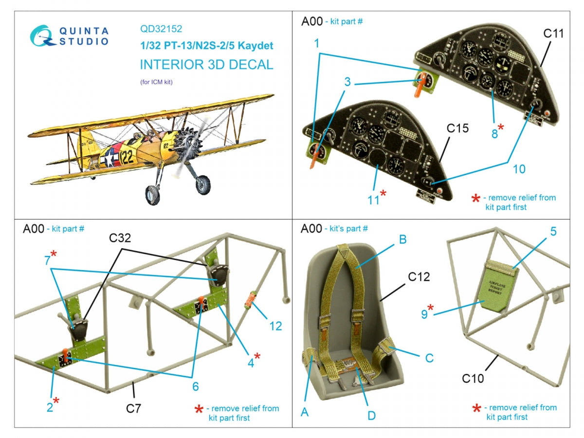 Quinta Studio QD32152 PT-13/N2S-2/5 Kaydet 3D-Printed &amp;amp; colored Interior on decal paper (ICM) 1/32 – Bild 2
