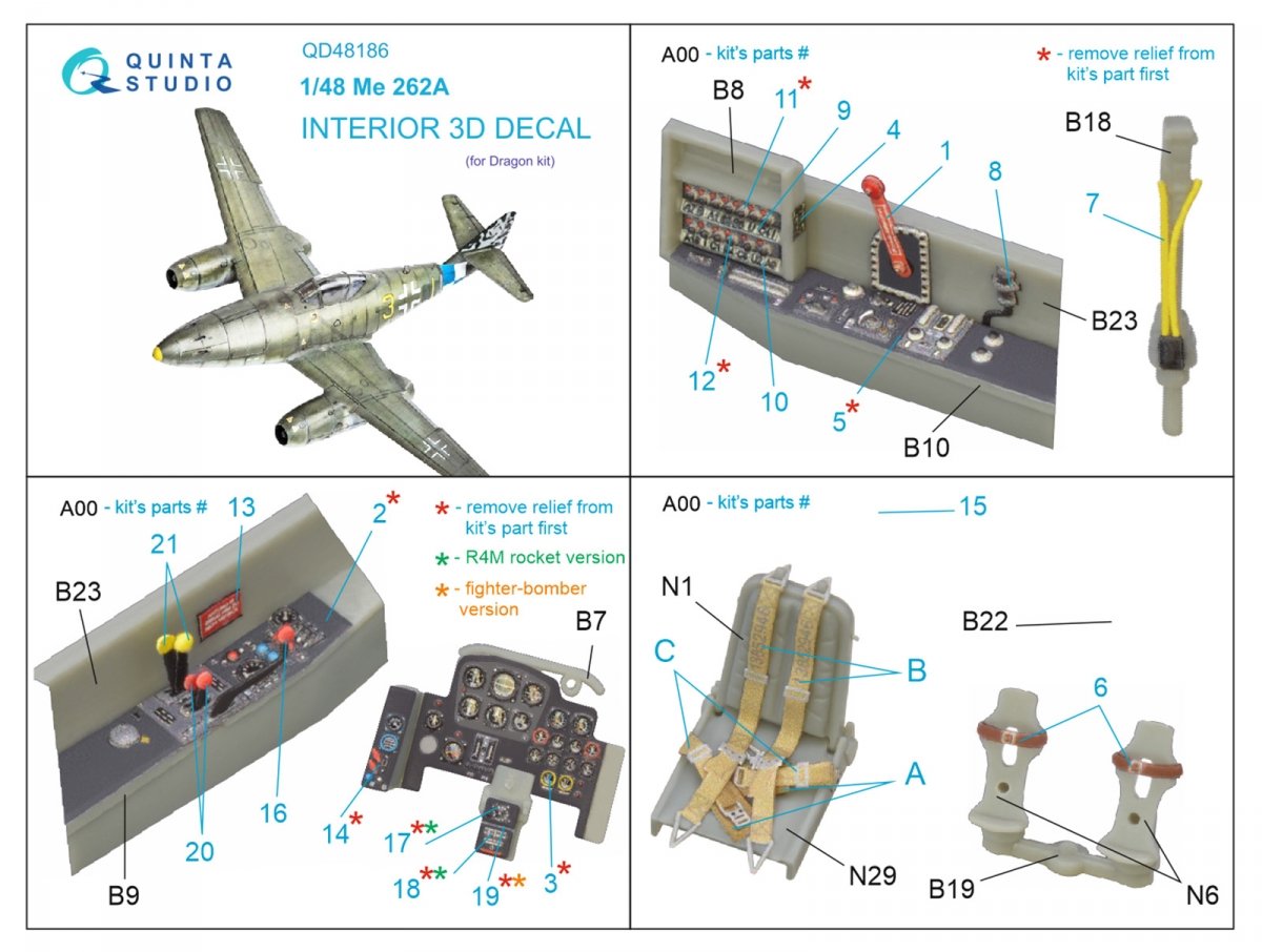 Quinta Studio QD48186 Me 262A 3D-Printed &amp;amp; colored Interior on decal paper (for Dragon ) 1/48 – obrázek 2