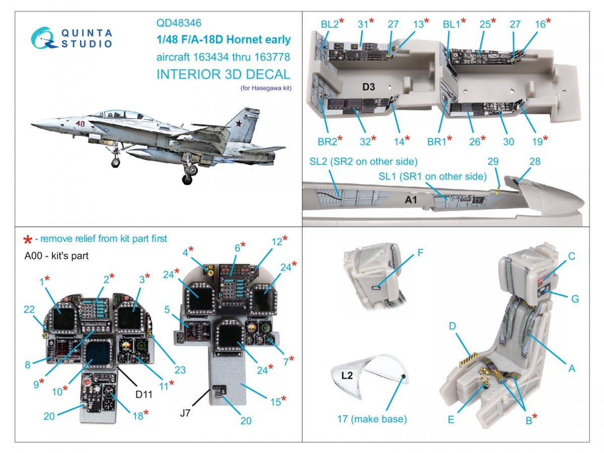 Quinta Studio QD48346 FA-18D early 3D-Printed &amp;amp; colored Interior on decal paper (Hasegawa) 1/48 – Bild 2