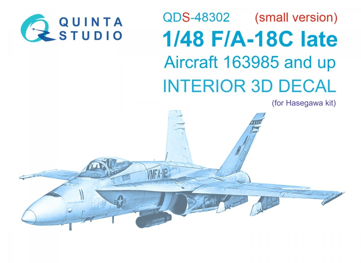 Quinta Studio QDS-48302 F/A-18C late 3D-Printed &amp; colored Interior on decal paper (Hasegawa) (Small version) 1/48