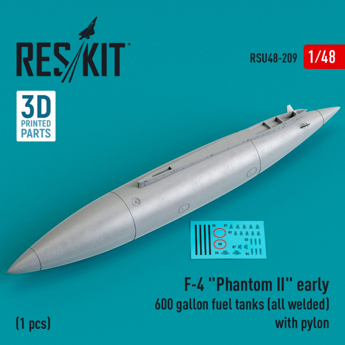 RESKIT RSU48-0209 F-4 "PHANTOM II" EARLY 600 GALLON FUEL TANK (ALL WELDED) WITH PYLON (1 PCS) (3D PRINTED) 1/48
