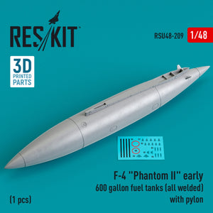 RESKIT RSU48-0209 F-4 &amp;quot;PHANTOM II&amp;quot; EARLY 600 GALLON FUEL TANK (ALL WELDED) WITH PYLON (1 PCS) (3D PRINTED) 1/48