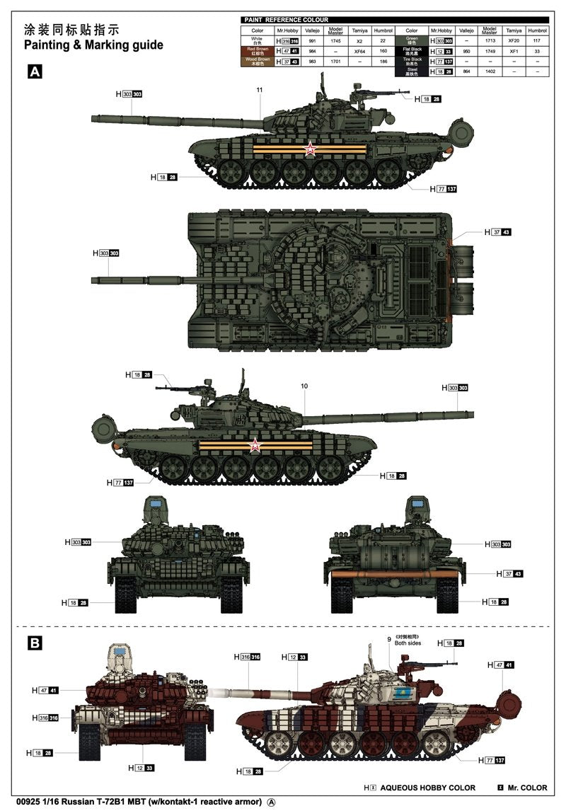 Trumpeter 00925 Russian T-72B1 MBT w/kontakt-1 reactive armor 1/16 – image 3