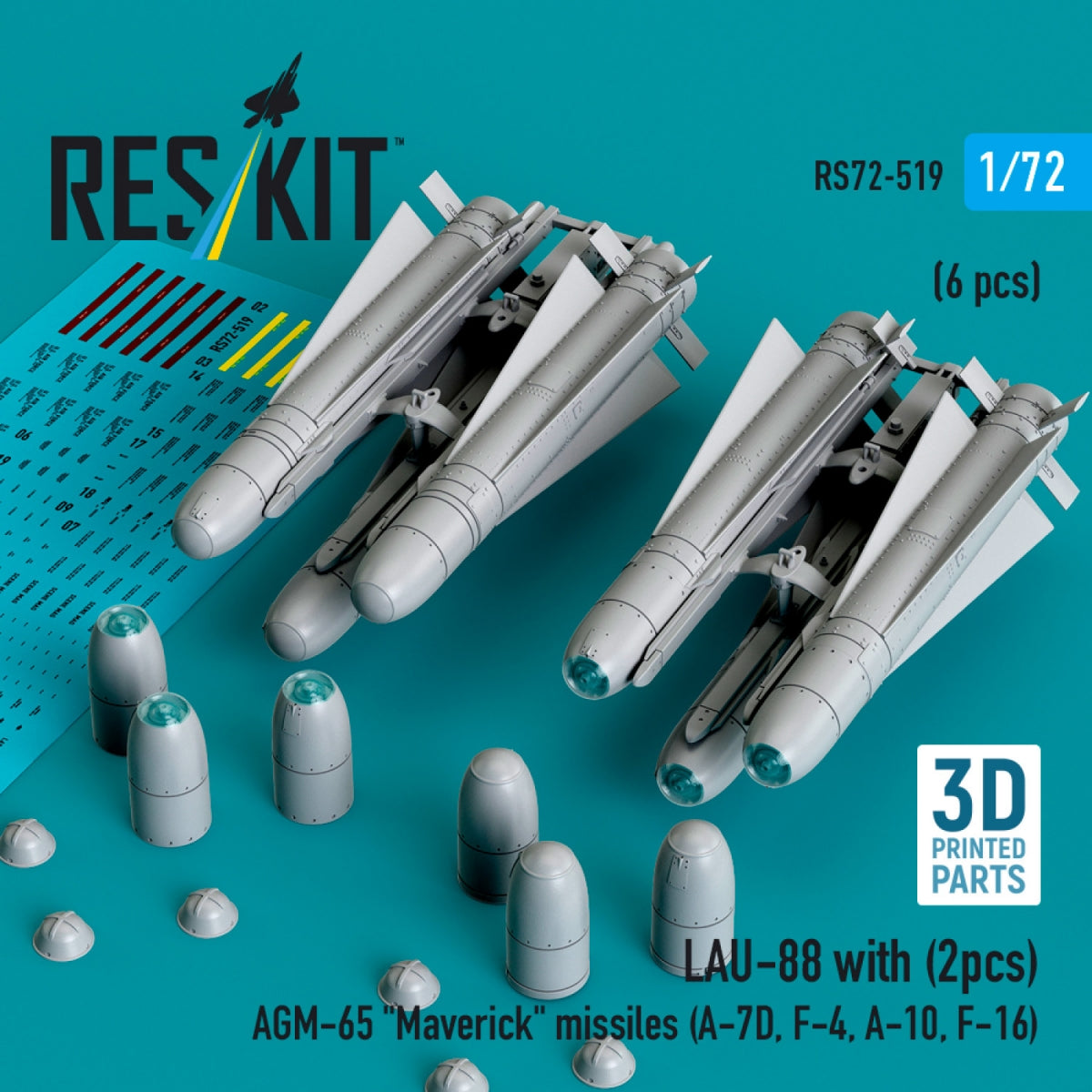 RESKIT RS72-0519 LAU-88 with (2 pcs) AGM-65 &amp;quot;Maverick&amp;quot; missiles (6 pcs) (3D Printed) 1/72