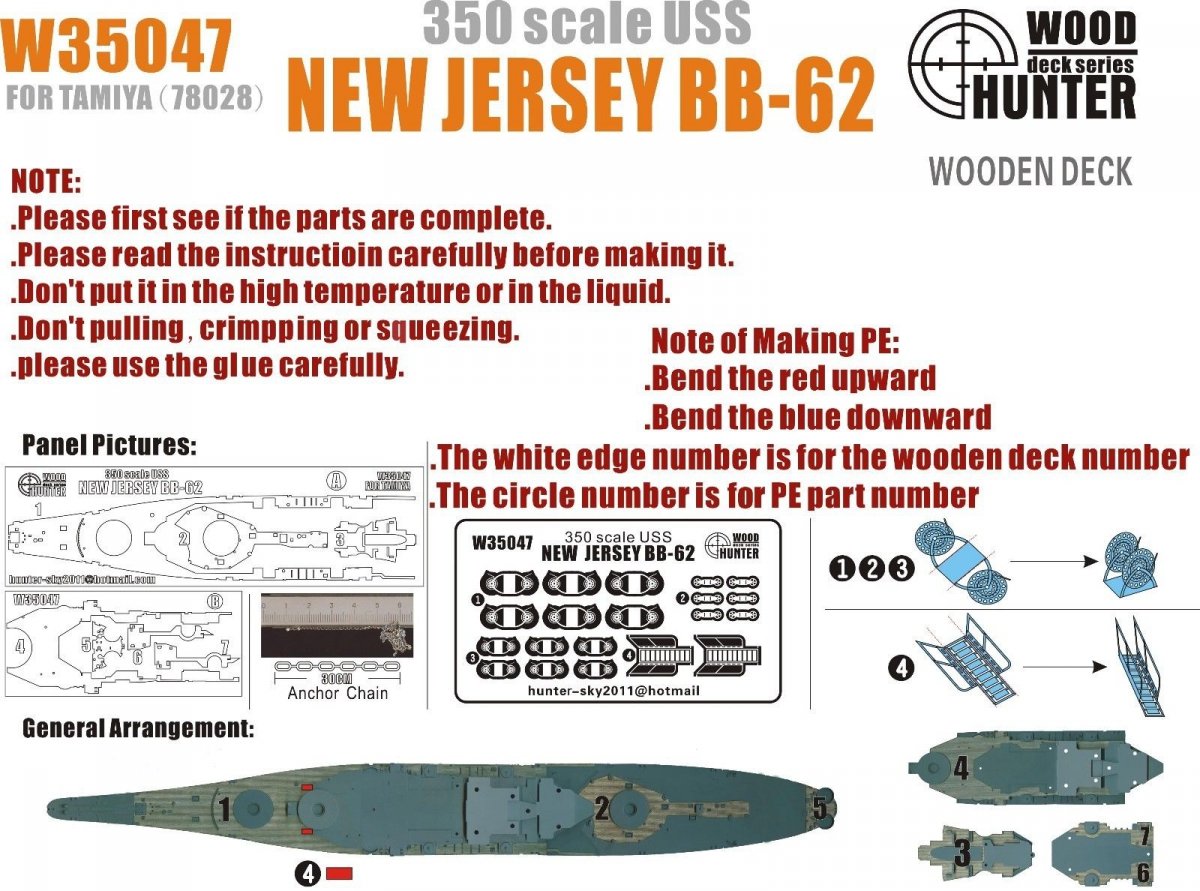 Wood Hunter W35047 Wood deck New Jersey BB-62 for Tamiya 78028 1/350