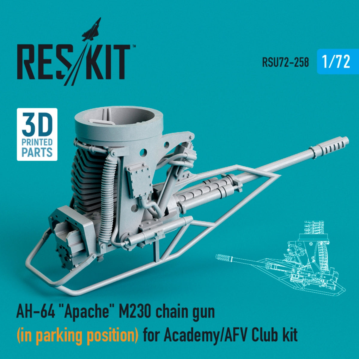 RESKIT RSU72-0258 AH-64 "APACHE" M230 CHAIN ​​GUN (IN PARKING POSITION) FOR ACADEMY / AFV CLUB KIT (3D PRINTED) 1/72