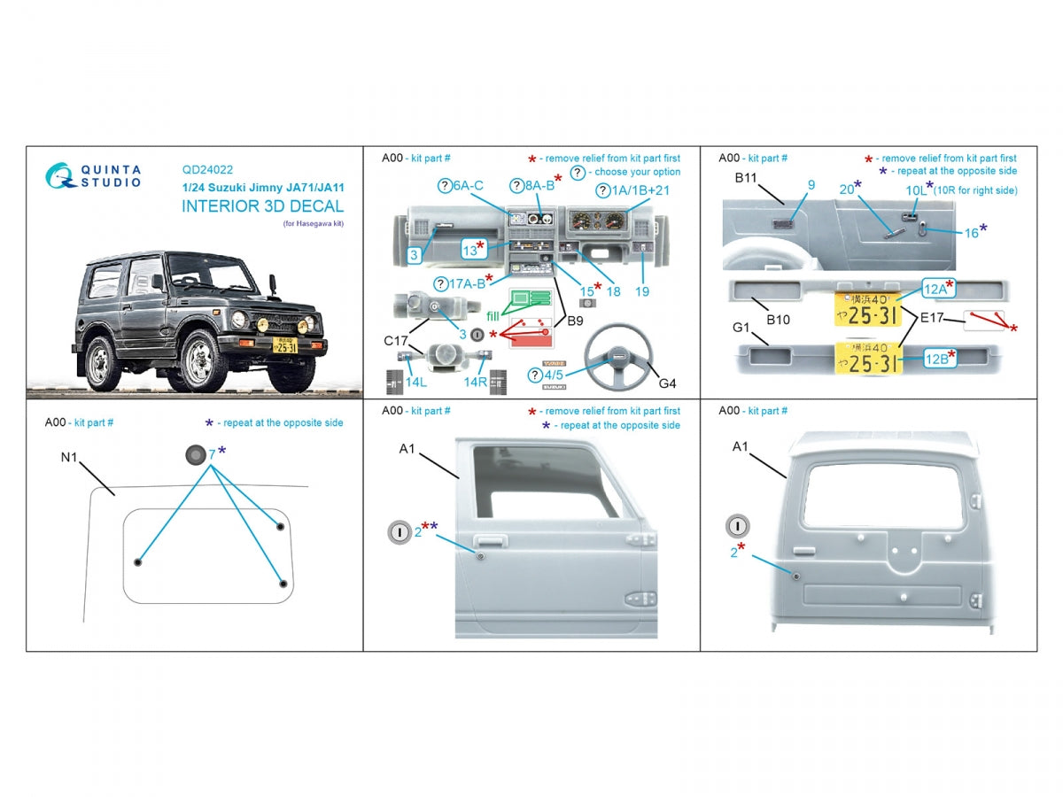 Quinta Studio QD24022 Suzuki Jimny JA71-JA11 3D-Printed colored Interior on decal paper (Hasegawa) 1/24 – obrázek 2