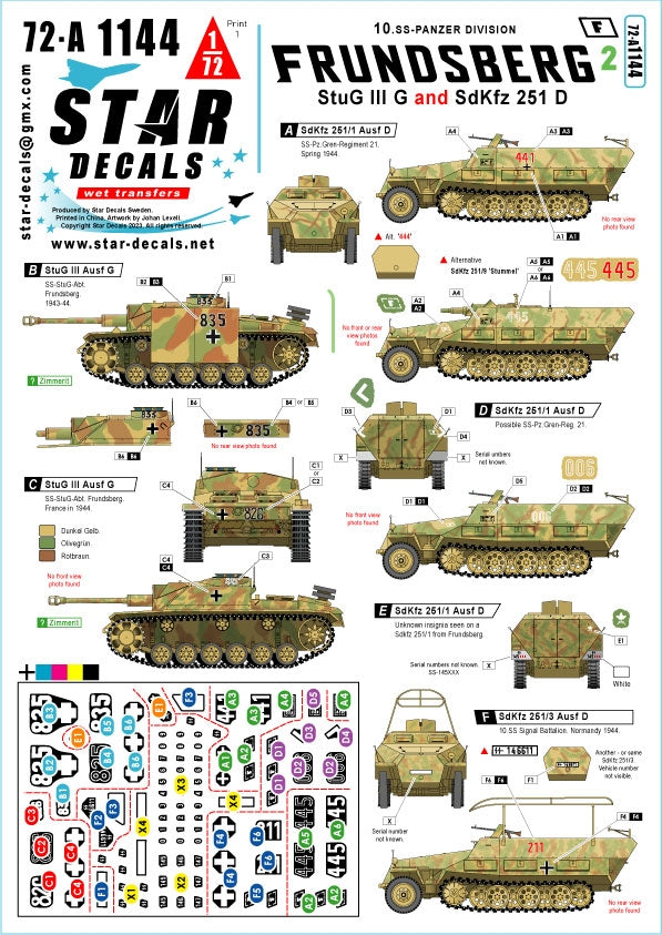 Star Decals 72-A1144 Frundsberg 2. 10. SS-Panzer Division. StuG III Ausf G and SdKfz 251/1 Ausf D, SdKfz 251/3 Ausf D, SdKfz 251/9 Ausf D 1/72