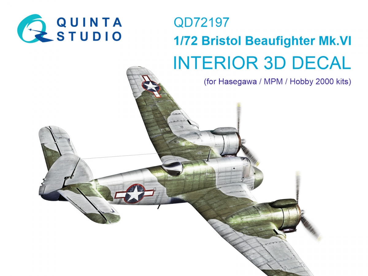 Quinta Studio QD72197 Bristol Beaufighter Mk.VI 3D-Printed &amp; colored Interior on decal paper (Hasegawa/MPM/Hobby2000) 1/72