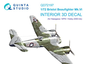Quinta Studio QD72197 Bristol Beaufighter Mk.VI 3D-Printed &amp;amp; colored Interior on decal paper (Hasegawa/MPM/Hobby2000) 1/72