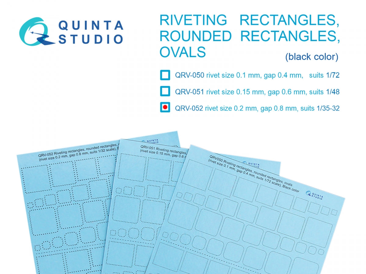 Quinta Studio QRV-052 Riveting rectangles, rounded rectangles and ovals (rivet size 0.2 mm, gap 0.8 mm, suits 1/35-32), Black color 1/32