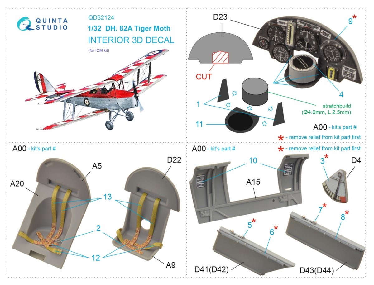 Quinta Studio QD32124 DH 82A Tiger Moth 3D-Printed &amp;amp; colored Interior on decal paper (ICM) 1/32 – image 5