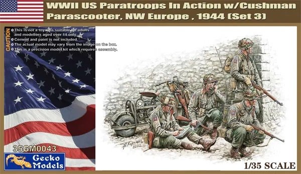 Gecko Models 35GM0043 Parachutistes américains en action pendant la Seconde Guerre mondiale avec parachutiste Cushman, Europe du Nord-Ouest, 1944, Set 3, échelle 1/35