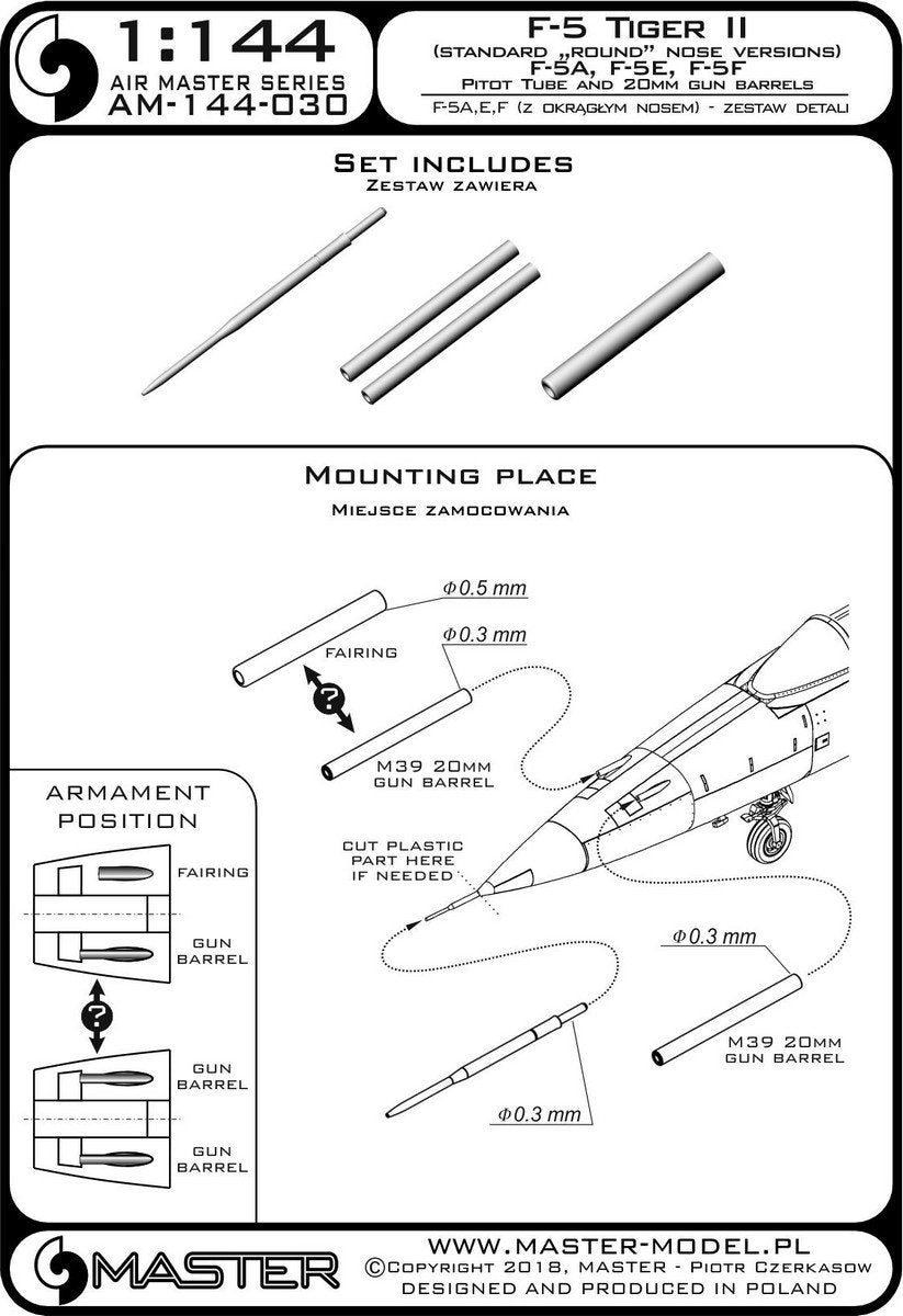 Master AM-144-030 F-5 Tiger II &amp;quot;Freedom Fighter&amp;quot; (round nose version) - F-5A, E, F - detail set - Pitot tube and 20mm gun barrels 1/144 – image 3
