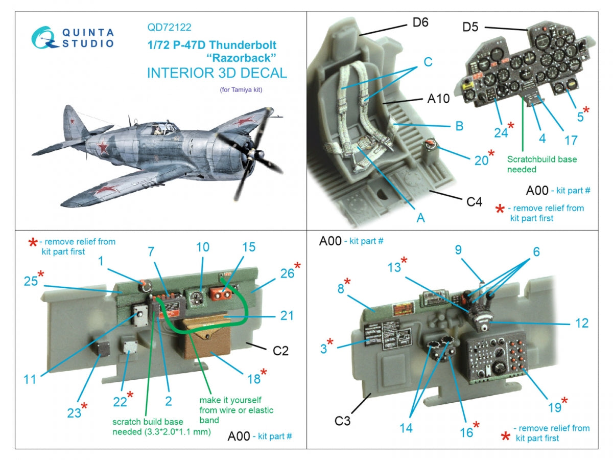 Quinta Studio QD72122 P-47D Thunderbolt Razorback 3D-Printed &amp;amp; colored Interior on decal paper (Tamiya) 1/72 – image 2