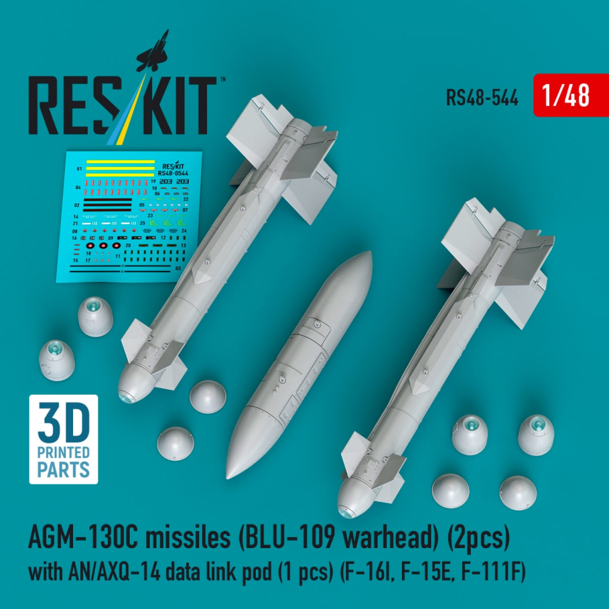 RESKIT RS48-0544 AGM-130C missiles (2 pcs) (BLU-109 warhead) with AN/AXQ-14 data link pod (1 pcs) (3D Printed) 1/48